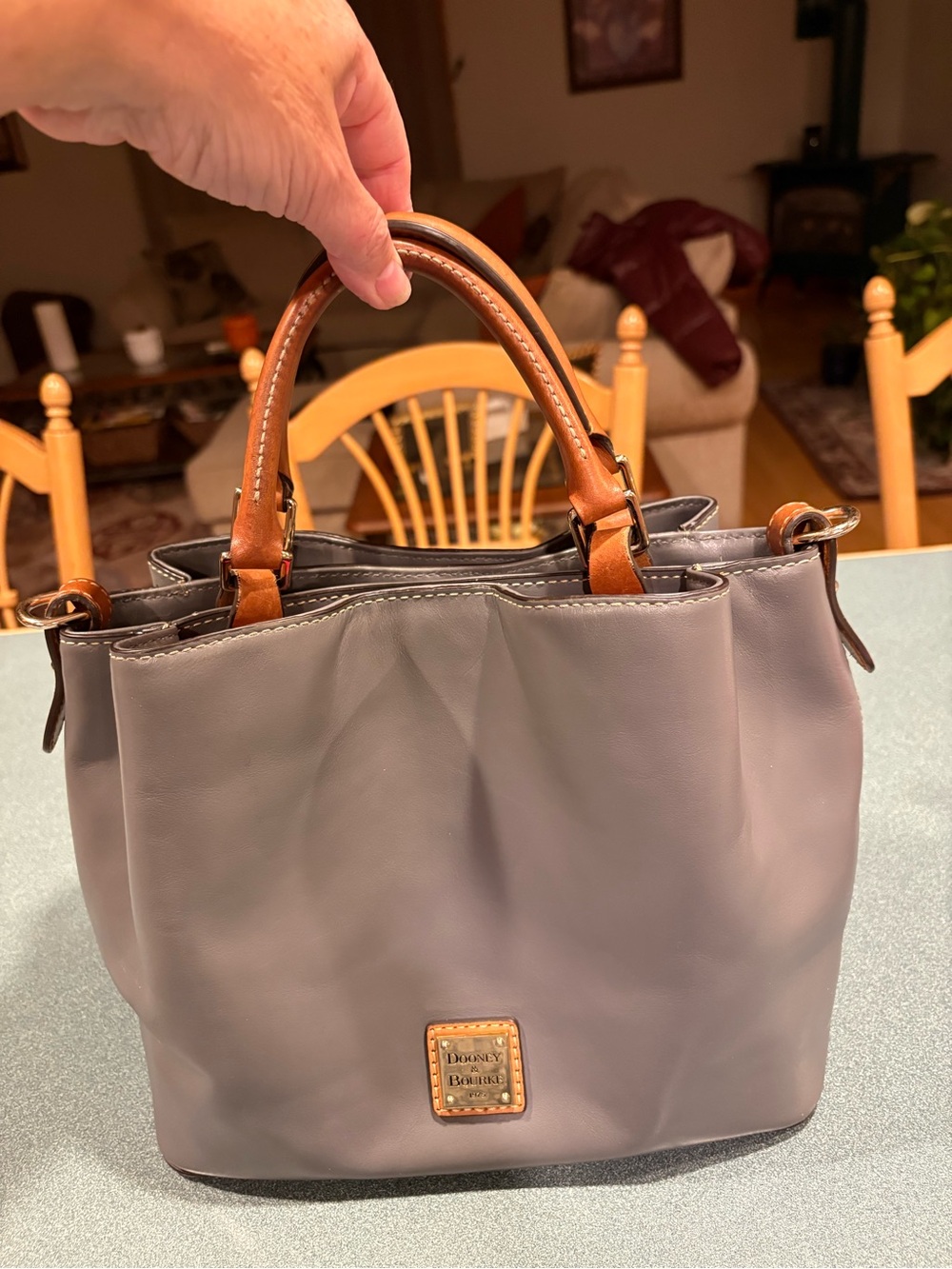 Dooney & Bourke Gray Leather Tote with Brown Trim and Crossbody Strap